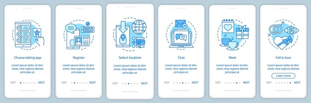 Modèle Vectoriel D'écran De Page D'application Mobile D'intégration De Rencontres En Ligne. Choisissez, Inscrivez-vous, Discutez, Rencontrez, Tombez Amoureux Des Instructions Du Site Web Avec Des Illustrations Linéaires. Concept D'interface De Smartphone Ux, Ui, Gui