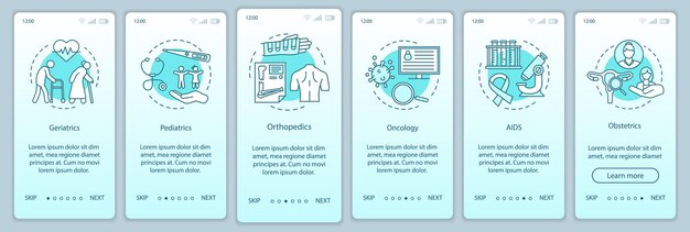Modèle vectoriel d'écran de page d'application mobile d'intégration des soins infirmiers. Médecine, étapes du site Web de la procédure pas à pas de la santé. Réhabilitation. Gériatrie, oncologie, assistance aux aides. UX, UI, interface graphique pour smartphone
