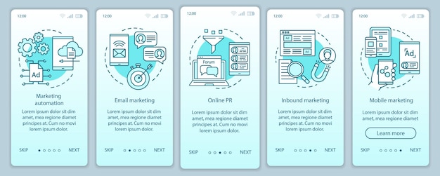 Modèle vectoriel d'écran de page d'application mobile d'intégration de tactique de marketing numérique turquoise. Étapes du site Web de la campagne publicitaire avec illustrations linéaires. UX, UI, concept d'interface de smartphone GUI