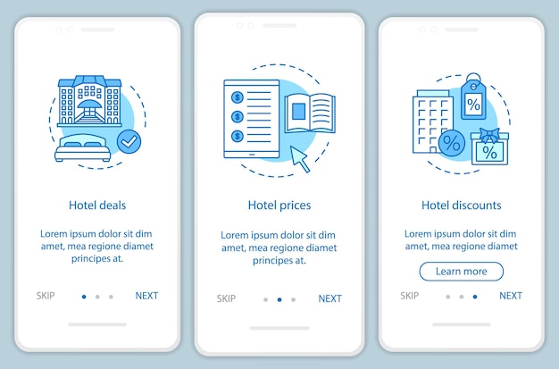 Modèle vectoriel d'écran de page d'application mobile de réservation en ligne d'hôtel. Offres d'hôtels, prix, remises. Procédure pas à pas du site Web avec des illustrations linéaires. Concept d'interface de smartphone UX, UI, GUI