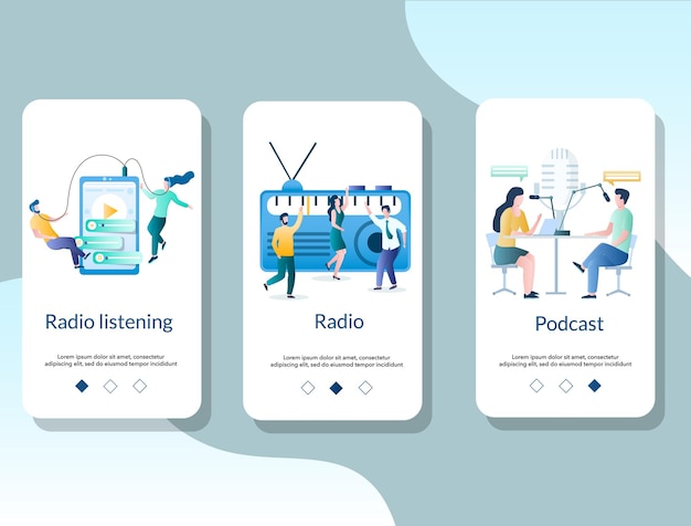 Vecteur modèle vectoriel d'écrans d'intégration d'applications mobiles en ligne radio