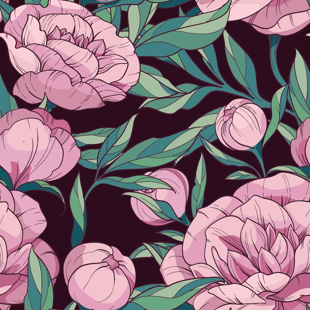 Modèle vectoriel floral sans couture avec des pivoines roses avec des feuilles vertes sur fond sombre