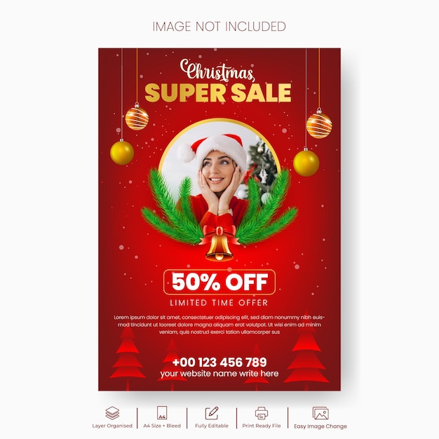Modèle vectoriel de flyer ou d'affiche d'impression de fête de Noël avec fond de Noël