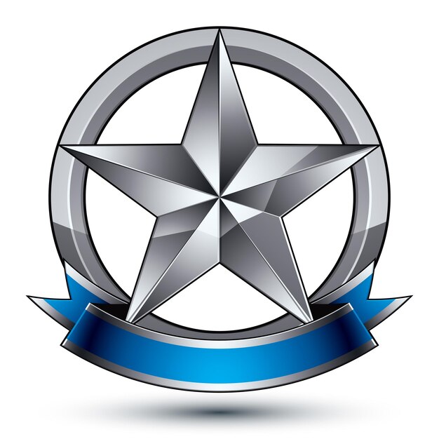 Modèle vectoriel glamour avec symbole d'étoile argentée pentagonale, idéal pour une utilisation dans la conception Web et graphique. Icône héraldique conceptuelle avec une merveilleuse bande lisse, vecteur eps8 clair.