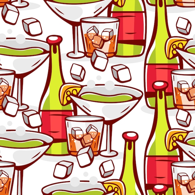 Vecteur modèle vectoriel de gobelets de verres de bouteilles de vin en style cartoon