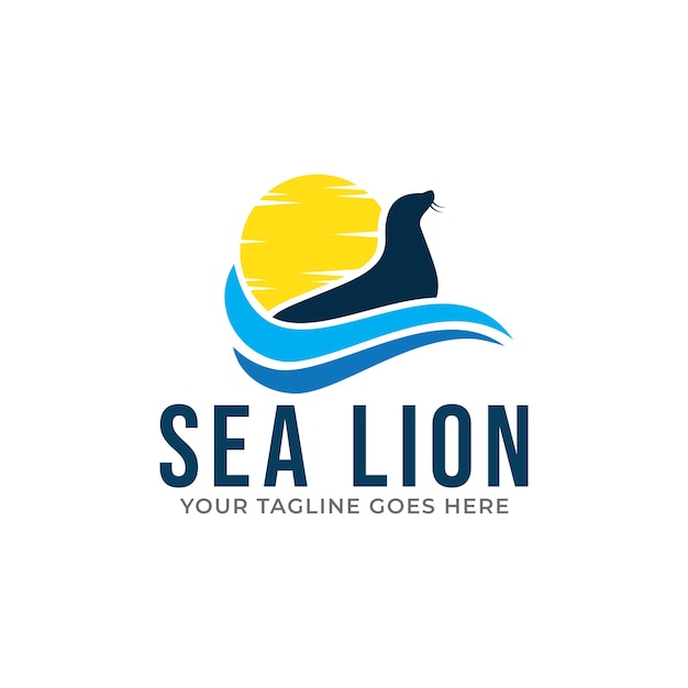 Modèle Vectoriel D'icône De Logo De Lion De Mer Et De Soleil.