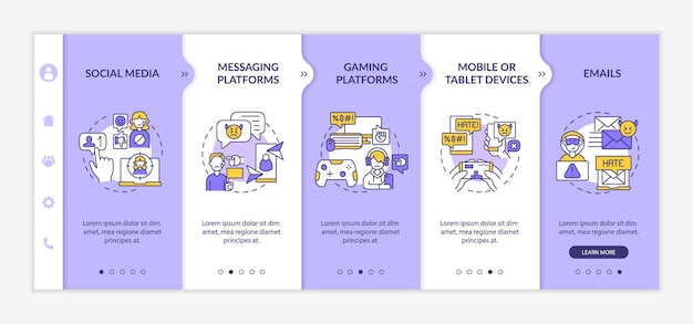 Modèle Vectoriel D'intégration Des Canaux De Cyberharcèlement. Site Web Mobile Réactif Avec Des Icônes. écrans De Présentation De Page Web En 5 étapes. Plateformes De Messagerie, Concept De Couleur De Tablettes Avec Illustrations Linéaires