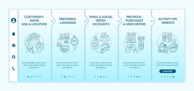 Modèle vectoriel d'intégration des critères d'analyse de contenu intelligent. Site Web mobile réactif avec des icônes. Écrans de présentation de page Web en 5 étapes. Concept de couleur de marketing numérique avec illustrations linéaires