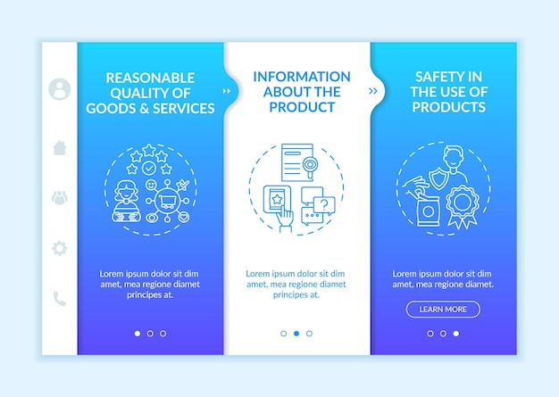 Modèle Vectoriel D'intégration Des Droits Fondamentaux Des Clients. Site Web Mobile Réactif Avec Des Icônes. Présentation De La Page Web En 3 étapes. Informations Sur Le Concept De Couleur Du Produit Avec Des Illustrations Linéaires