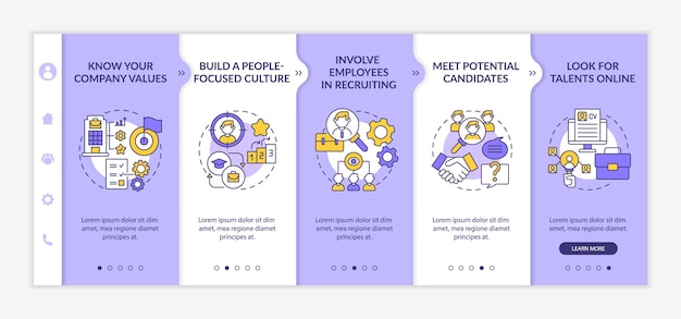 Modèle vectoriel d'intégration des meilleurs talents. Processus de recrutement. Site Web mobile réactif avec icônes. Page Web pas à pas en 5 étapes. Concept de couleur de recherche d'emploi avec illustrations linéaires