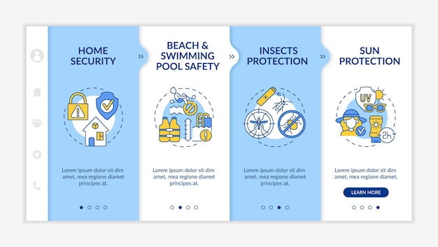 Modèle Vectoriel D'intégration De La Sécurité Des Vacances D'été. Site Web Mobile Réactif Avec Des Icônes. Présentation De La Page Web En 4 étapes. Plage, Concept De Couleur De Précaution De Piscine Avec Illustrations Linéaires