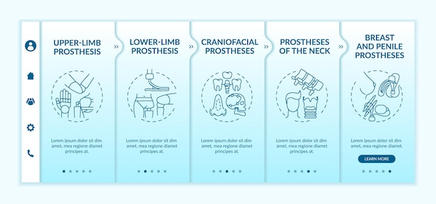 Modèle Vectoriel D'intégration Des Types De Membres Artificiels. Site Web Mobile Réactif Avec Des Icônes. écrans De Présentation De Page Web En 5 étapes. Concept De Couleur De Prothèses Craniofaciales Et Péniennes Avec Illustrations Linéaires