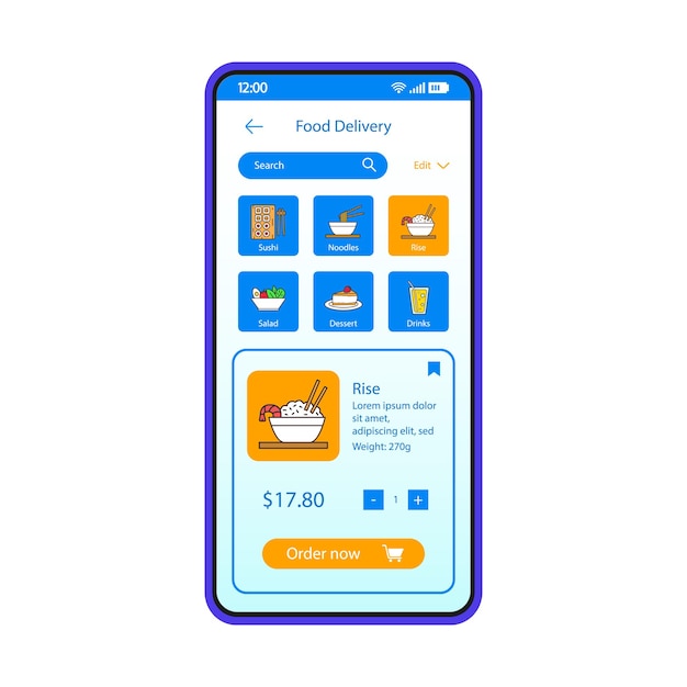 Modèle Vectoriel D'interface D'application Pour Smartphone De Livraison De Nourriture. Mise En Page De L'application Mobile. Menu Cuisine Chinoise. Interface Utilisateur Plate. Commande En Ligne Des Restaurants. Affichage Du Téléphone Avec Sushi, Dessert, Boissons