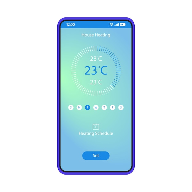 Vecteur modèle vectoriel d'interface de smartphone d'application de contrôle de chauffage domestique. disposition de conception bleue de la page mobile. écran d'application du contrôleur de chaleur à distance. interface utilisateur plate. affichage intelligent du téléphone du logiciel de domotique