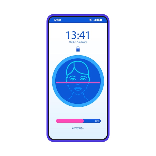 Modèle Vectoriel D'interface De Smartphone D'application De Reconnaissance Faciale. Disposition De Conception Bleue De La Page Mobile. écran Du Scanner D'identification Faciale. Vérification D'identité. Interface Utilisateur Plate Pour L'application. Sécurité Biométrique. Affichage Du Téléphone