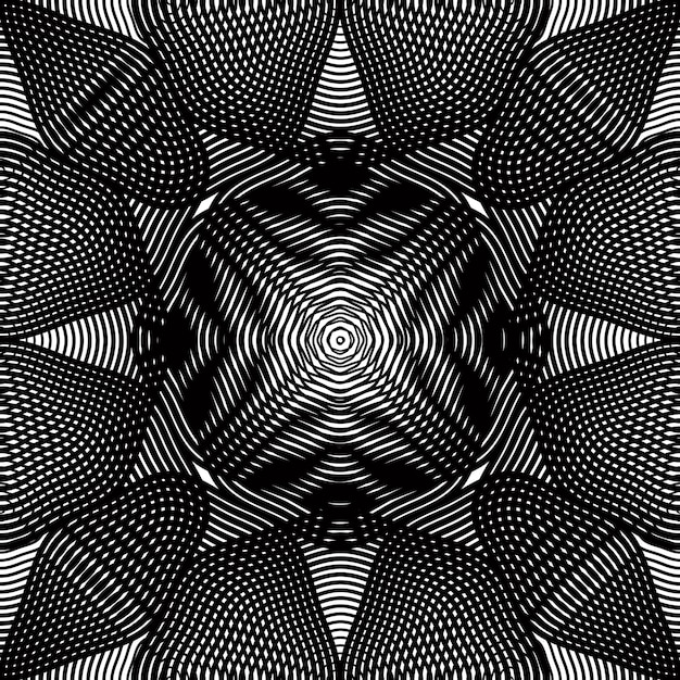 Modèle vectoriel avec des lignes graphiques noires, abstrait kaléidoscope avec ornement de superposition. Toile de fond transparente illusoire monochrome, peut être utilisée pour la conception graphique.