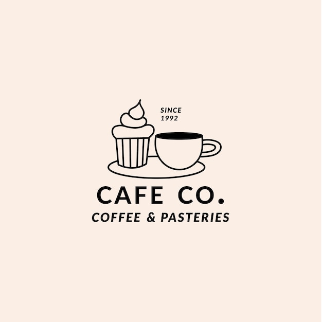 Vecteur modèle vectoriel logo linéaire pour boulangerie café boutique de cupcake pâtisseries emblème avec cupcake et tasse de café