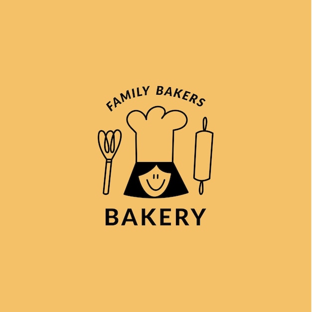 Modèle Vectoriel Logo Linéaire Pour Les Pâtisseries De Boulangerie Café Cupcake Emblème Avec Chef Cuisinier Féminin Et équipement De Boulisserie