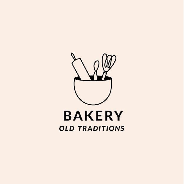 Vecteur modèle vectoriel logo linéaire pour les pâtisseries de la boulangerie du café des gâteaux l'emblème avec l'équipement de boulisserie