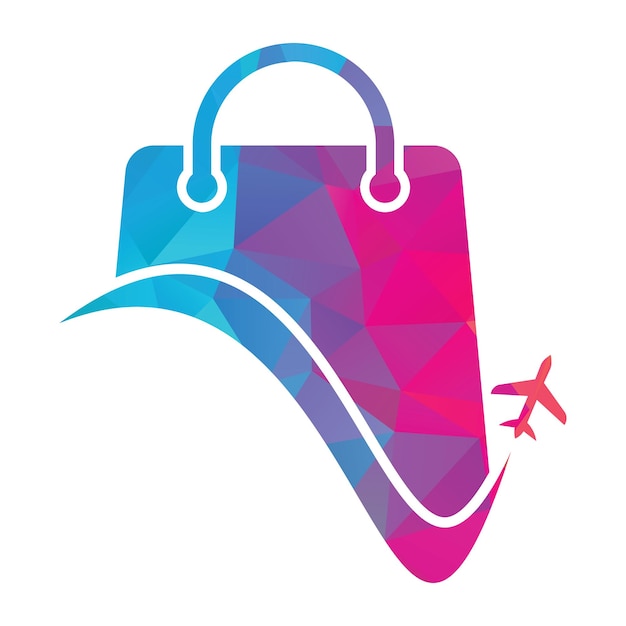 Modèle vectoriel de logo de magasin de voyage. Logo boutique et avion. Symbole ou icône de vente et de voyage.