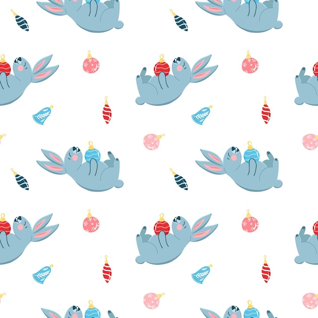 Modèle Vectoriel Avec Mignons Lapins Gris Et Jouets De Sapin De Noël Cartoonstyle Noël