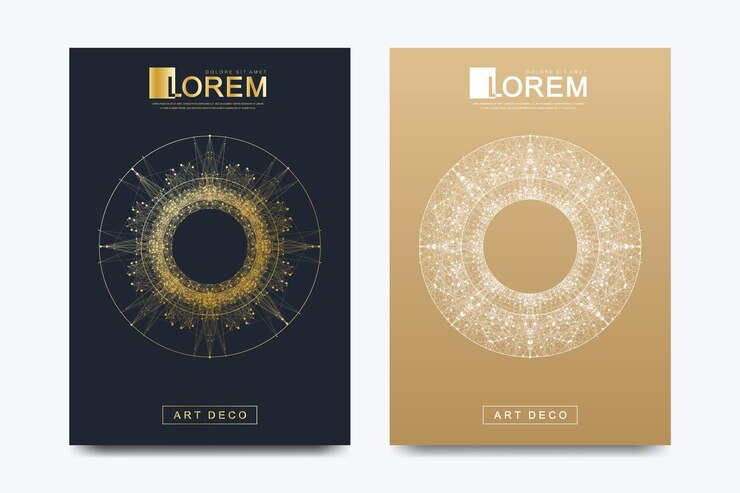 Modèle vectoriel moderne pour brochure, dépliant, dépliant, couverture, magazine ou rapport annuel. Format A4. Mise en page du livre de conception d'affaires, de science, de médecine et de technologie. Présentation abstraite avec mandala doré
