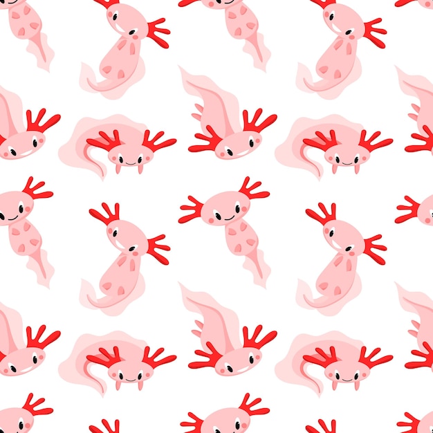 Modèle Vectoriel Avec Motif Cartoon Style Animal Marin Amphibien Axolotl Rose Mignon Sur Fond Blanc