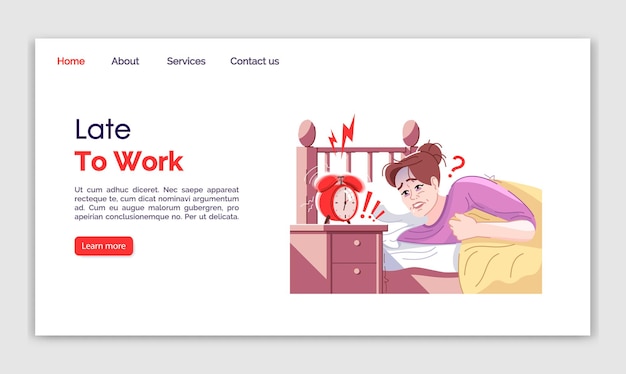 Modèle vectoriel de page de destination en retard au travail. Idée d'interface de site Web de stress quotidien avec des illustrations plates. Femelle endormie. Mise en page de la page d'accueil de l'appel de réveil. Bannière web de frustration, concept de dessin animé de page web