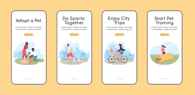 Modèle Vectoriel Plat D'écran D'application Mobile D'intégration De Chien. Site Web Pas à Pas En 4 étapes Avec Des Personnages. Soins Créatifs Pour Animaux De Compagnie Ux, Ui, Interface De Dessin Animé Pour Smartphone Gui, Ensemble D'impressions De Cas