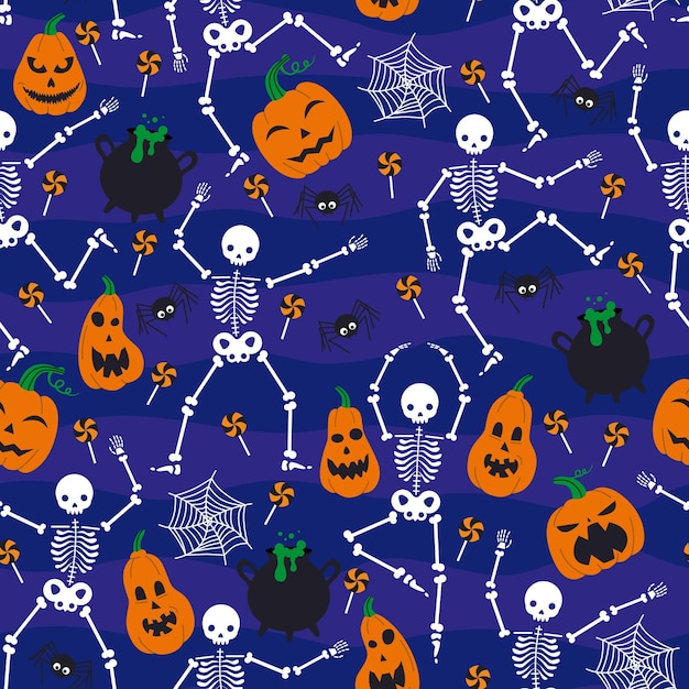 Modèle vectoriel avec squelettes citrouilles et araignées pour Halloween