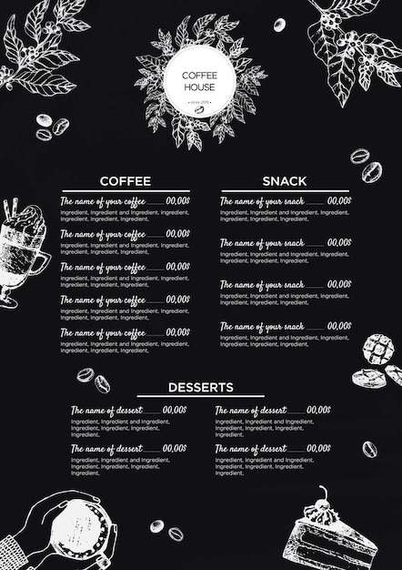 Modèle Vectoriel Stock Un Menu De Café Ou De Restaurant. Un Dépliant Sur Les Boissons Pour Le Bar Et Le Café. Modèle Avec Café Et Desserts D'illustration Vintage Dessinés à La Main à La Craie Sur Le Tableau Noir.