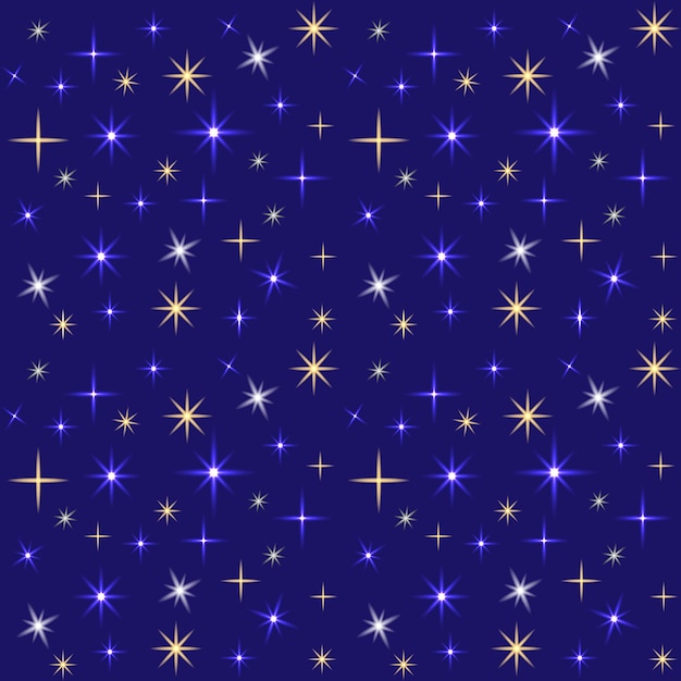 Modèle vectoriel Étoiles brillantes et étincelles sur fond bleu foncé Nuit d'hiver Dessin pour emballage de vacances