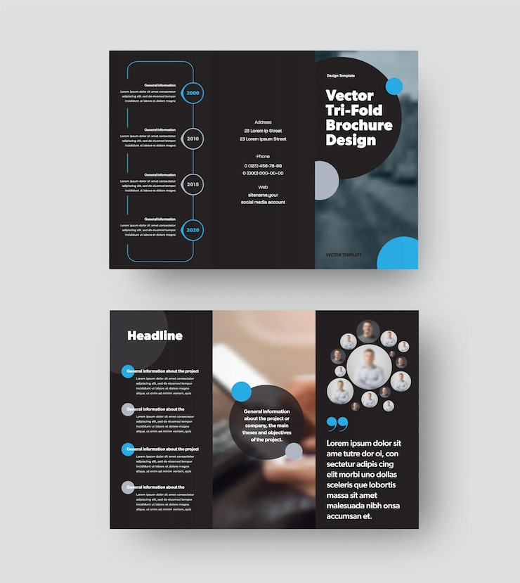 Vecteur modèle vectoriel à trois volets avec des éléments de conception ronds bleus et gris sur fond noir, brochure créative avec des ombres réalistes pour les entreprises. mise en page de la brochure, brochure corporative. ensemble de couvertures standard ouvert