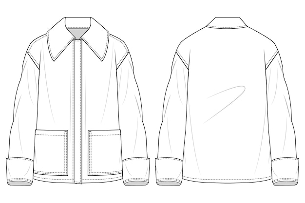 Modèle vectoriel d'une veste chemise avec poche de fermeture à bouton et vues avant et arrière