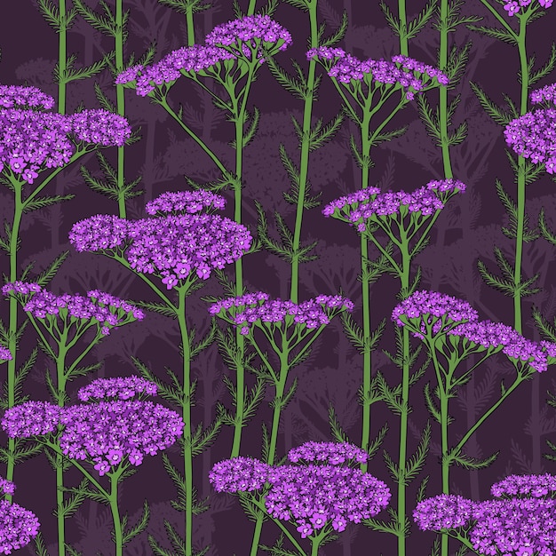 Vecteur modèle vectoriel violet sans couture avec blooming lilas yarrow