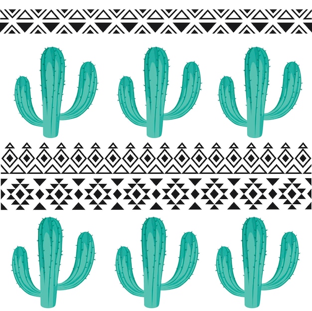 Modèle Vectorielle Continue Avec Cactus Mexicain Dessiné à La Main Et Ornement Tribal