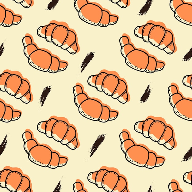 Modèle Vectorielle Continue Avec Des Croissants Mignons Dans Un Style Doodle Sur Fond Pastel Jaune