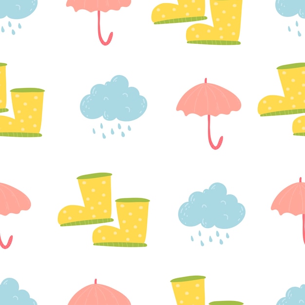 Vecteur modèle vectorielle continue de dessin animé mignon avec parapluie de bottes en caoutchouc jaune et fond de pluie toile de fond sans fin avec tissu textile pluvieux ou papier d'emballage