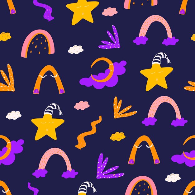 Modèle vectorielle continue avec des éléments de fée de nuit dans un style doodle
