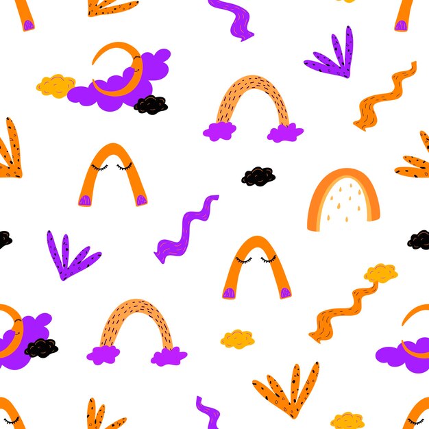 Modèle vectorielle continue avec des éléments de fée de nuit dans un style doodle