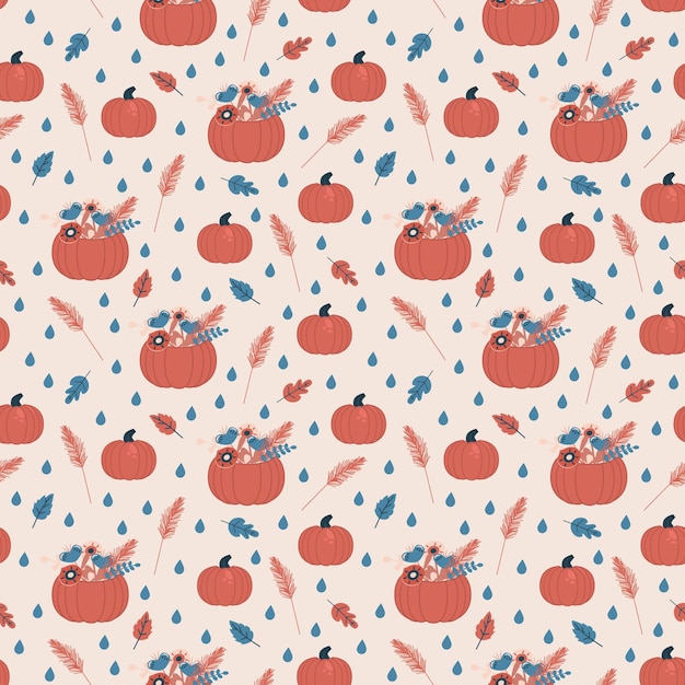 Modèle Vectorielle Continue Avec Des Fleurs Colorées D'automne Dans Un Vase De Citrouille Laisse Un Style Plat D'illustration