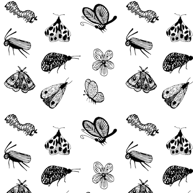 Modèle vectorielle continue d'insectes papillons et fleurs