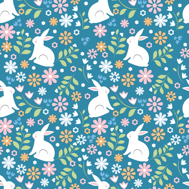 Vecteur modèle vectorielle continue avec mignons lapins blancs sur fond floral parfait pour les textiles