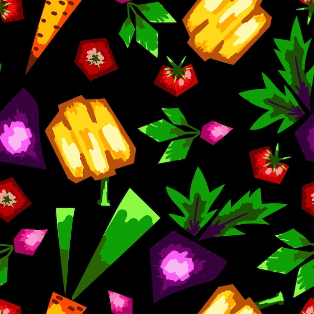 Modèle Vectorielle Continue De Thème Végétal Légumes Stylisés Lumineux Sur Fond Noir Conception Pour Papier D'emballage De Textiles De Cuisinex9