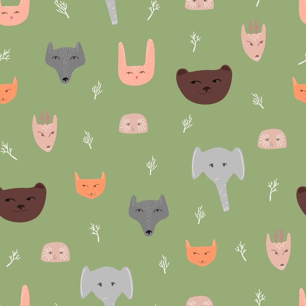 Modèle Vectorielle Continue Avec Des Visages D'animaux Dans Un Style Doodle