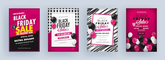 Modèle De Vente Du Vendredi Noir Ou Conception De Flyer Avec Une Offre De Remise Différente Sur Quatre Fond Abstrait.