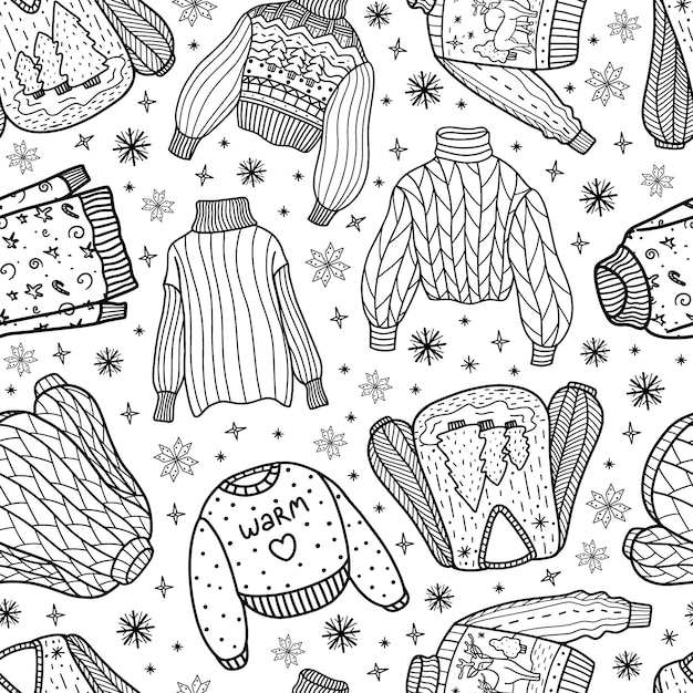 Modèle de vêtements d'hiver dans l'illustration de style doodle