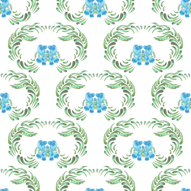 Modèle Vintage Vectorielle Continue Avec Des Fleurs Bleues Sur Fond Blanc