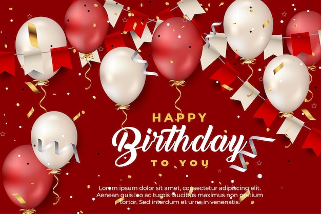 modèle de voeux joyeux anniversaire de luxe avec ballon, drapeau d'anniversaire et paillettes