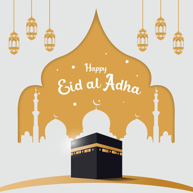 Modèle De Voeux Joyeux Eid Al Adha Idul Adha Avec Silhouette De Mosquée Et Kaaba 3d